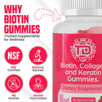 Biotin, Collagen and Keratin Gummies, Vitamins A, B6, B12, C, D, E | Supports Healthier Hair, Skin, Nails - 60 Vegan Strawberry Flavoured Gummies