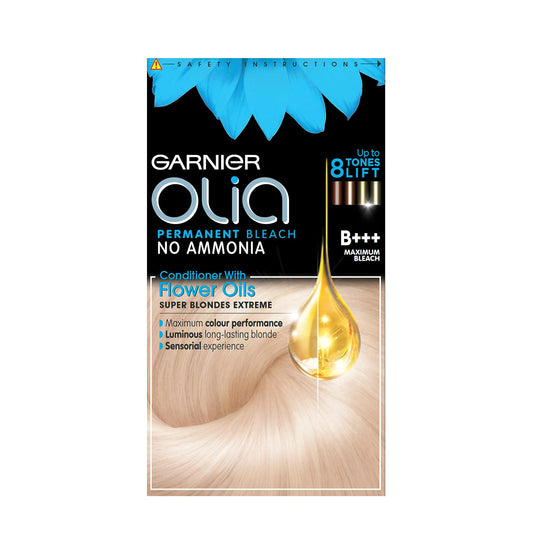 Olia B+++ Maximum Bleach Blonde offers intense lift. No-ammonia, oil-powered permanent dye for luminous, vibrant results. Achieve your lightest blonde while keeping hair soft and nourished.