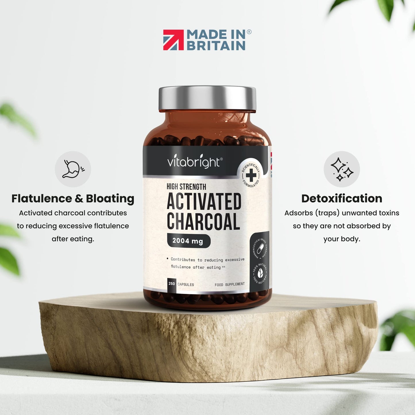 Activated Charcoal Capsules - 250 Capsules - 2004mg per Serving of 6 Capsules - from Natural Coconut Shell - for Indigestion, Bloating, Excessive Flatulence, Gas - Vegan - Made in UK by VitaBright