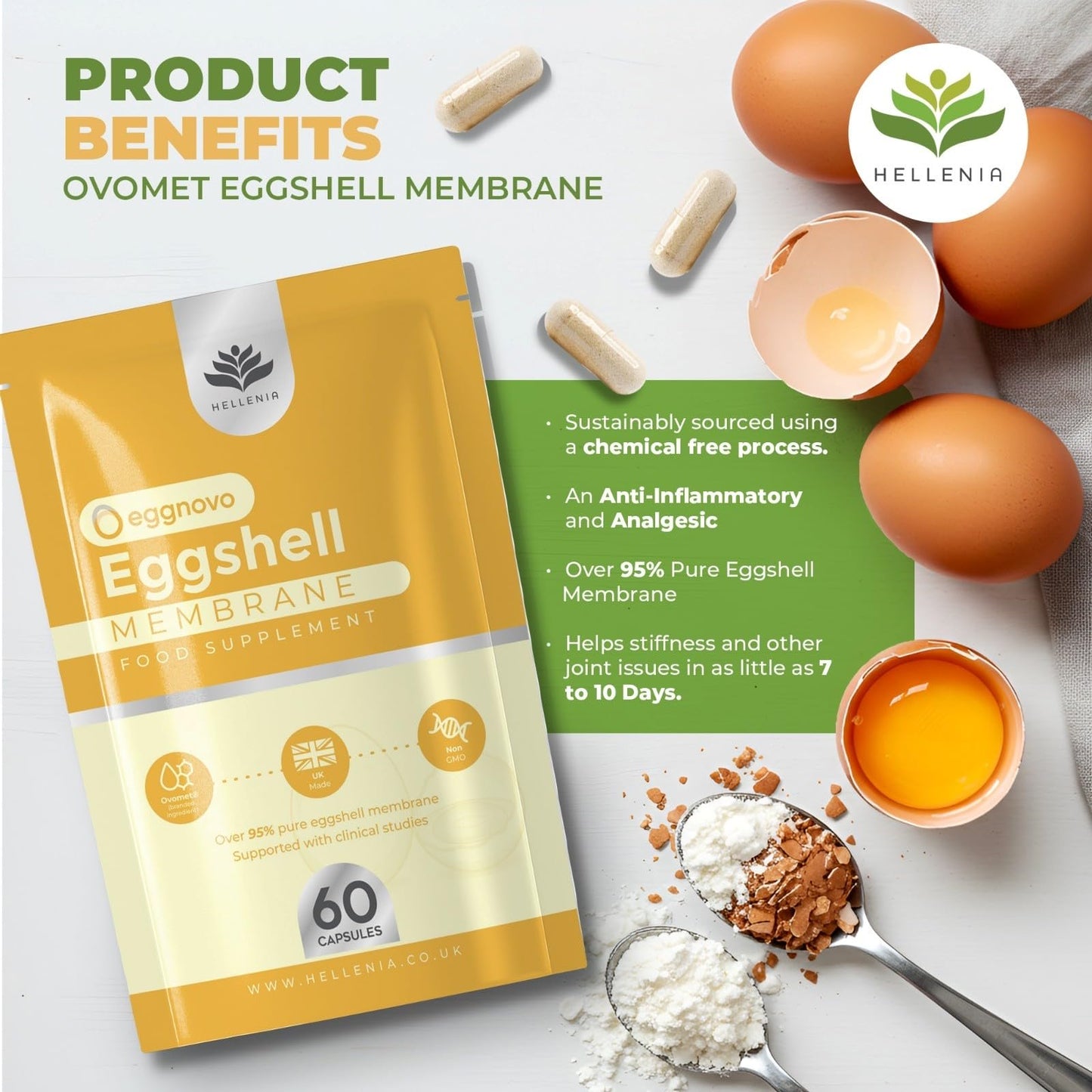 Eggshell Membrane Capsules Ovomet® - 300mg | 60 Vegetarian Capsules | Pure Eggshell Membrane with a High Degree of Purity - Joint Supplement | Sustainably Sourced - Made in The UK by Hellenia