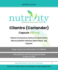 Heavy Metal Detox | Supports and Aids Digestive Health | Cilantro Coriander 500mg Vegan Capsule | Halal | Antioxidant | Healthy Skin | Immune Health | UK Made | GMP | Nutrivity