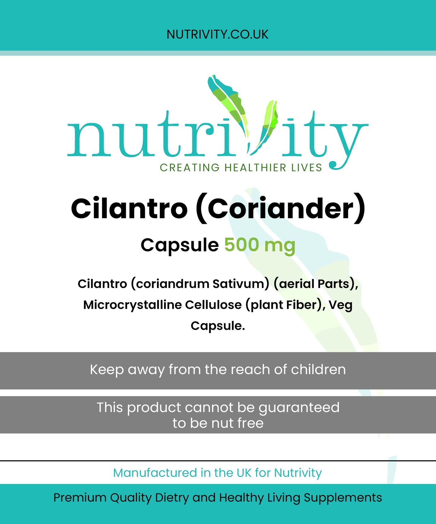 Heavy Metal Detox Supports and Aids Digestive Health Cilantro Coriander 500mg Vegan Capsule Antioxidant Healthy Skin Immune Health Manufactured in The UK by Nutrivity 60 Caps