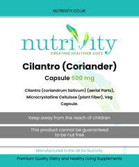 Cilantro (Coriander) 500mg Vegan Capsule | Natural Herbal Cleanser |Detox | Antioxidant | Healthy Skin | Immune Health| Manufactured in The UK by Nutrivity 30 Caps