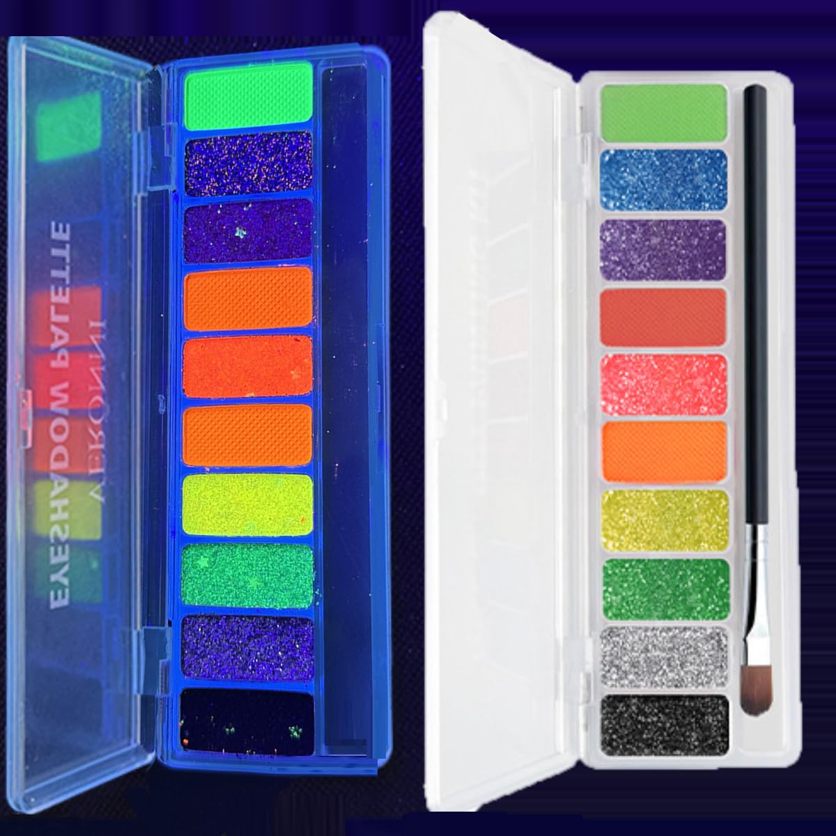 KARLOR 10 Color Fluorescent Eyeshadow, Glitter Luminous Neon UV Eyeshadow Matte Shimmer Sequins Colorful Glow Makeup Eyeshadows Palette with Brush, Neon Eye shadow Glow under UV Light