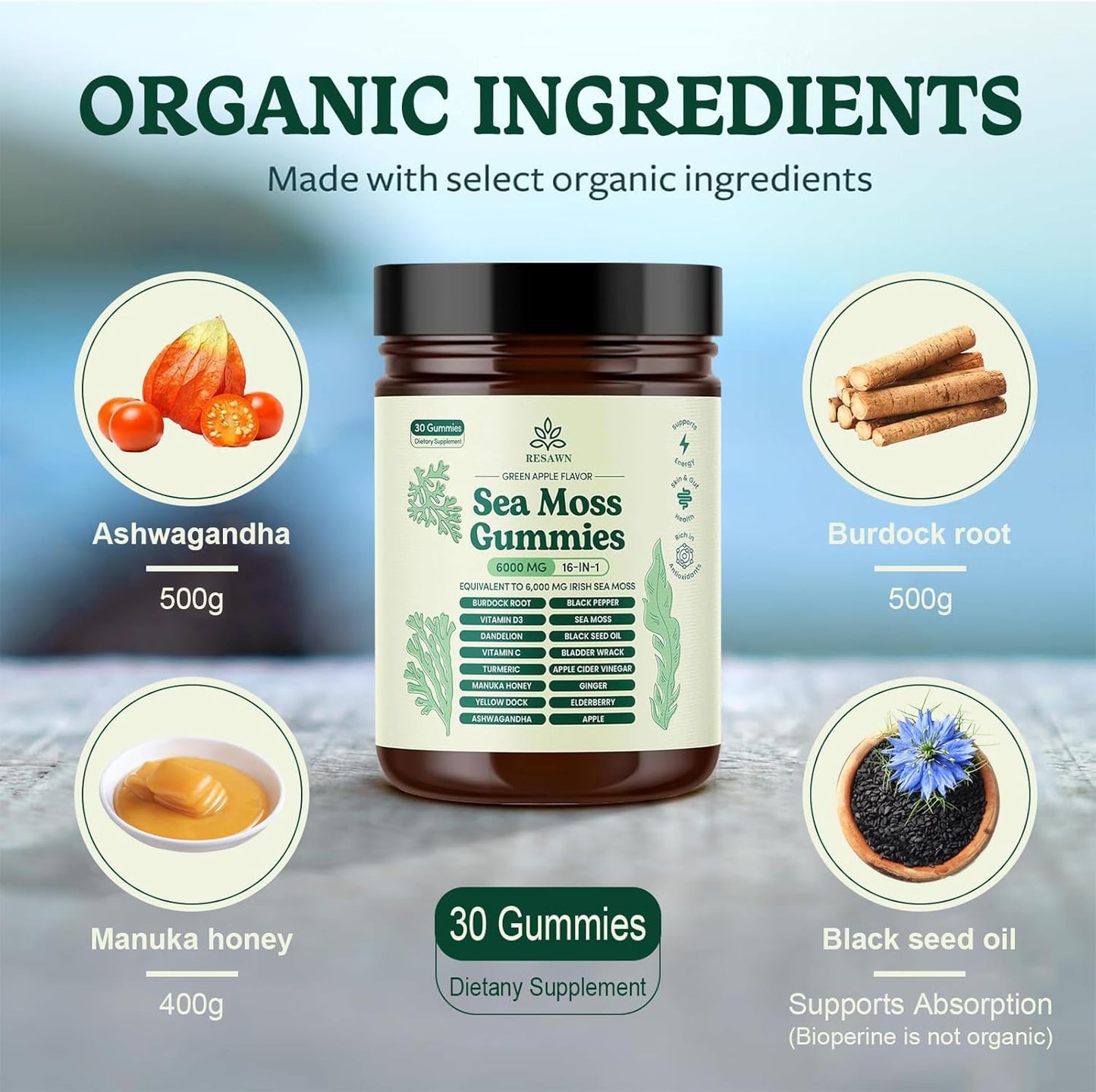Resawn Sea Moss 16-in-1 Gummies - 6,000 mg Supplement, Green Apple Flavor, 30 Gummies