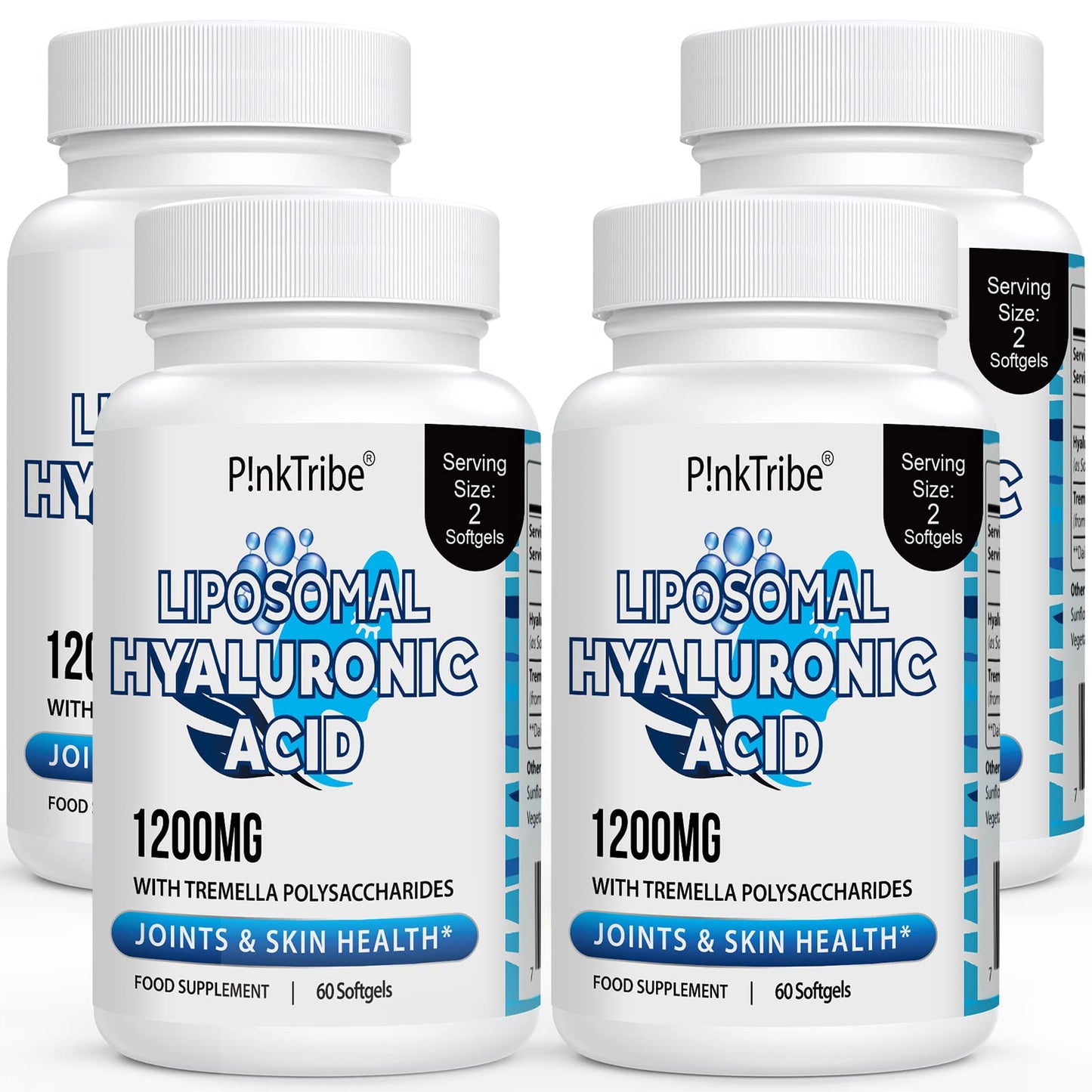 P!nkTribe Liposomal Hyaluronic Acid Supplement - 1200mg Per Serving, High-Potency Hyaluronic Acid Capsules, Supports Skin & Joints, 60 Softgels (Pack of 4)