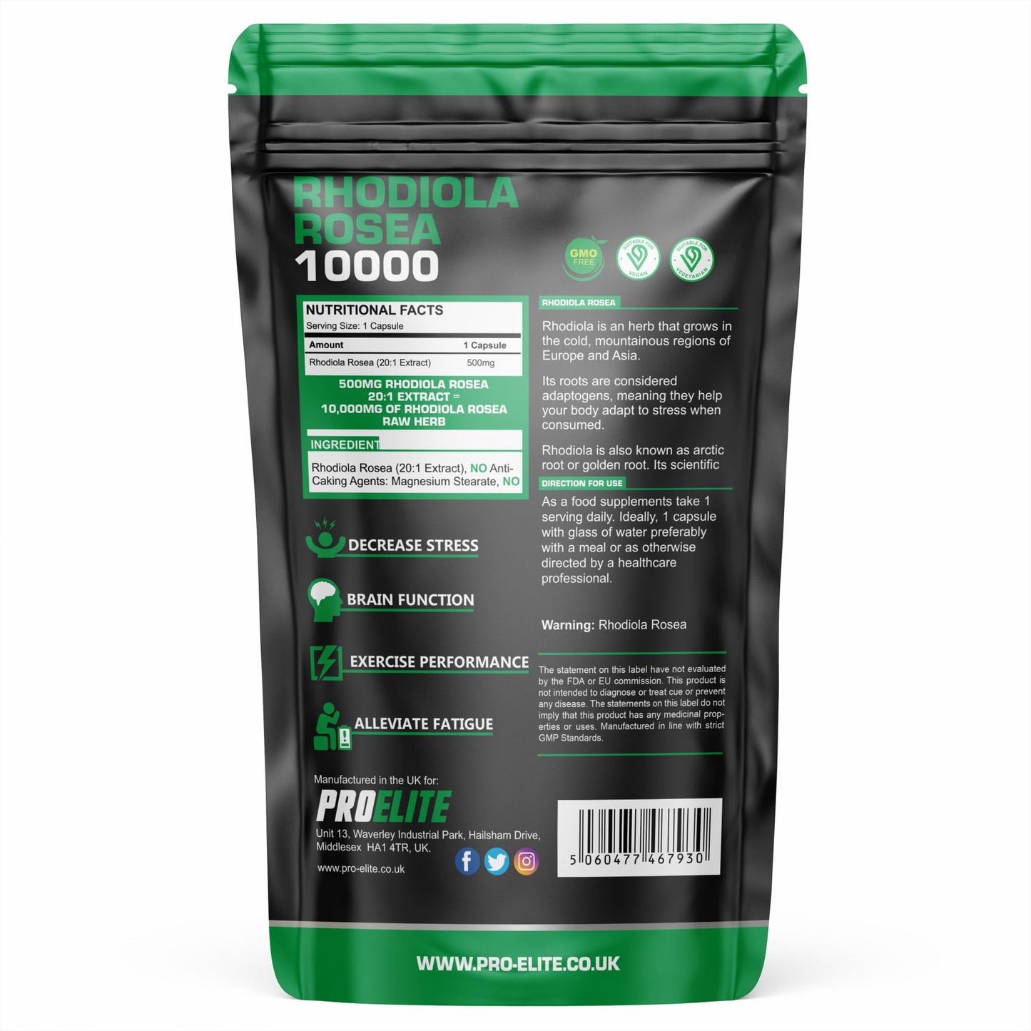 Rhodiola Rosea Extract 500mg 30 Vegan Capsules | 3% Standardised Rosavins 1% Salidrosid | Arctic Root Nootropic Adaptogen Supplement | Premium Rhodiola Root Extract | Made in UK by PROELITE