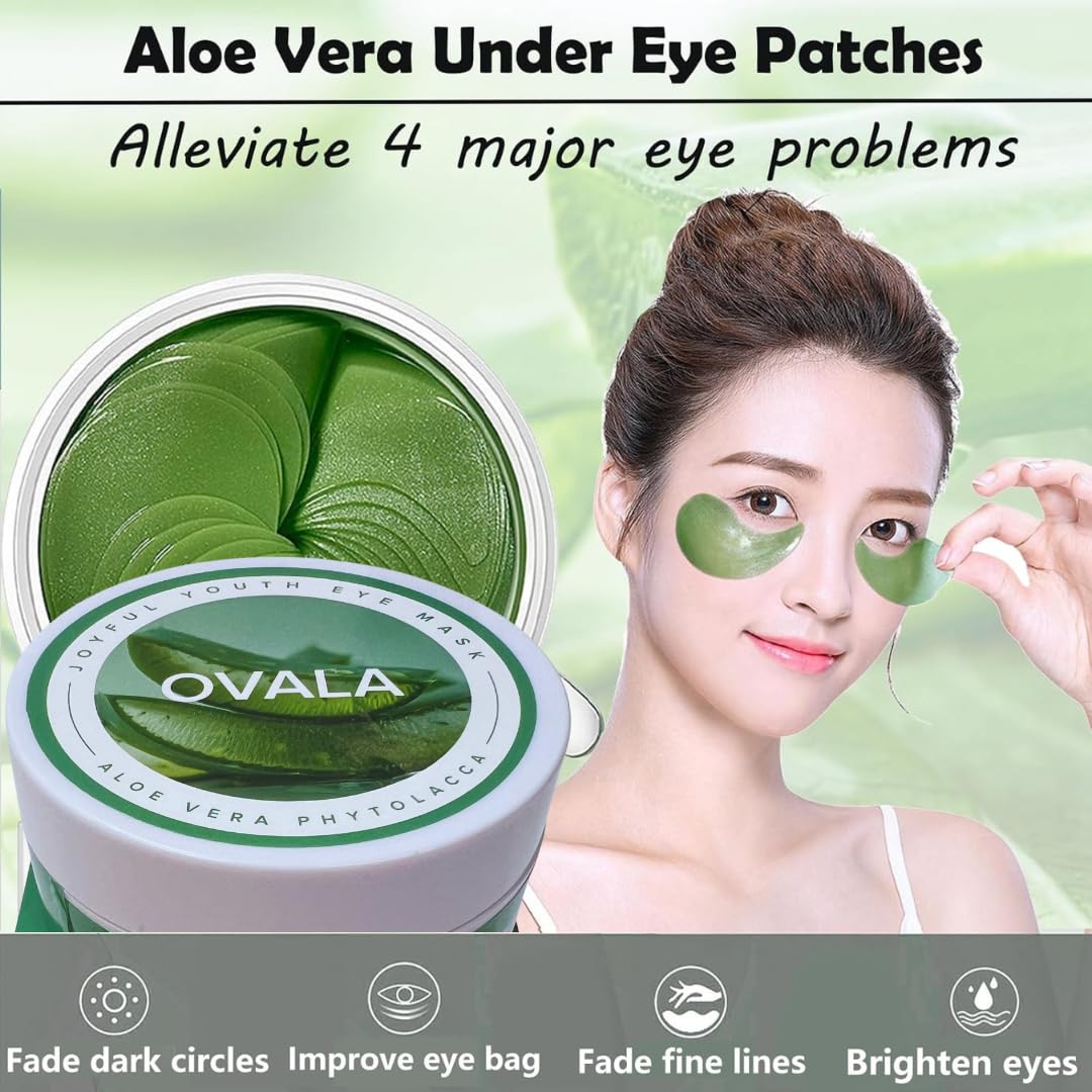 OVALA 60 PCS Aloe Vera Eye Masks, Gel Collagen Under Eye Patches for Puffy Eyes and Dark Circles Treatments, Reduce Wrinkles and Fine Lines Undereye Patches
