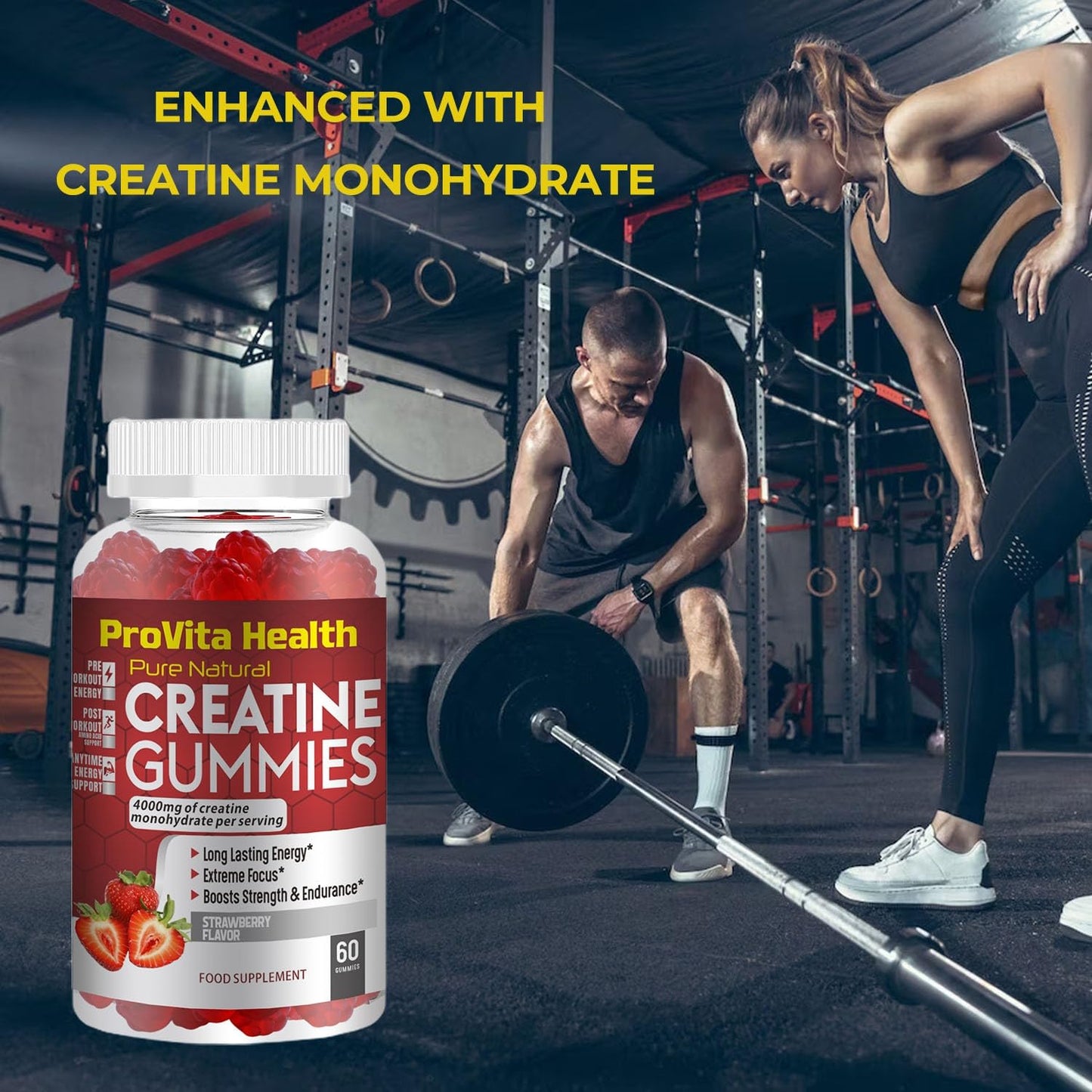 ProVita Health Creatine Monohydrate Gummies 4000mg for Men & Women - 60 Chewable Creatine Gummies Strawberry Flavoured Creatine | Pre Workout Gym Supplement| Vegan | (1 Months Supply) (1)