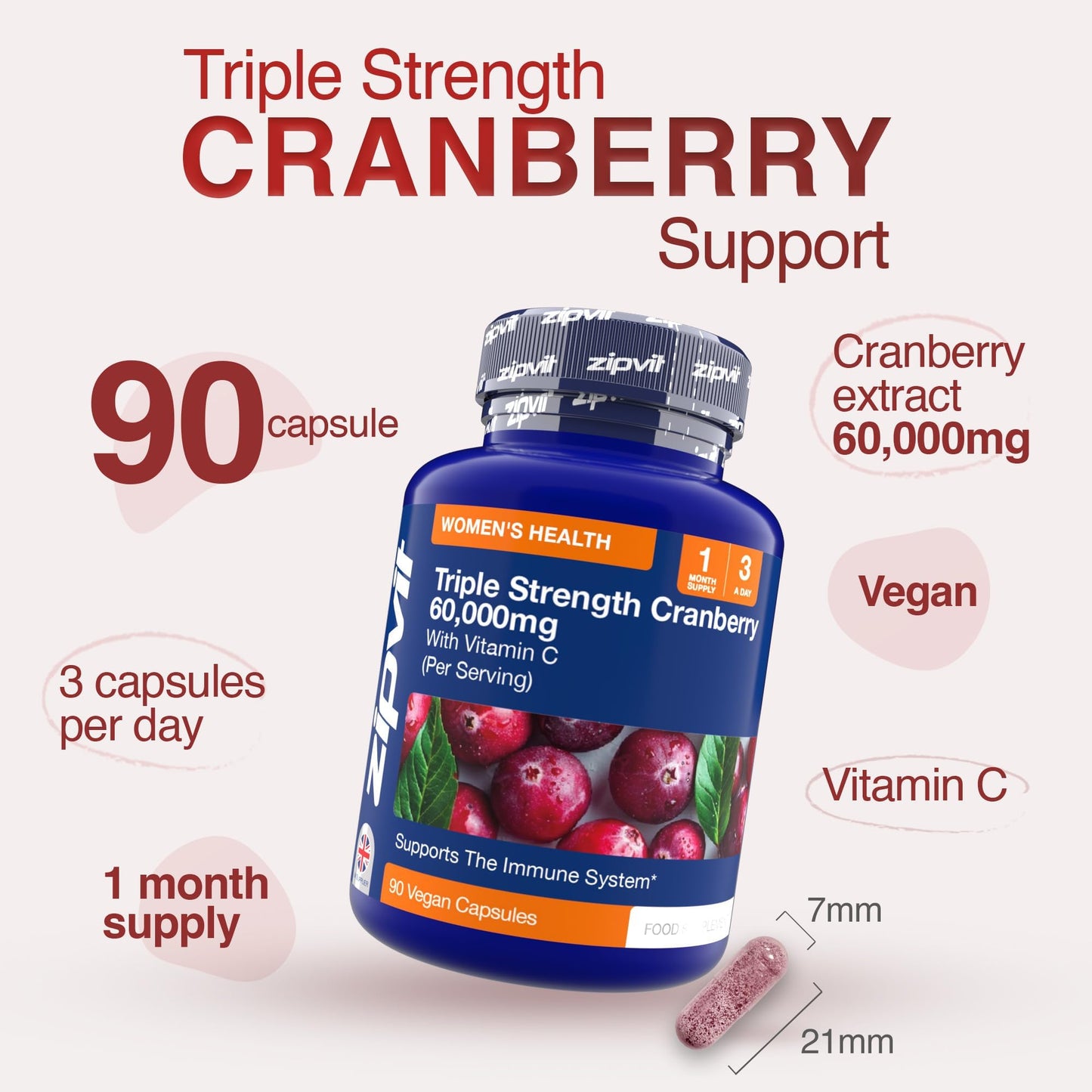 Zipvit Triple Strength Cranberry 60,000mg, High Strength Cranberry Extract with Vitamin C, 90 Vegan Capsules for Immune Support, 1 Month Supply, Supplement for Men & Women