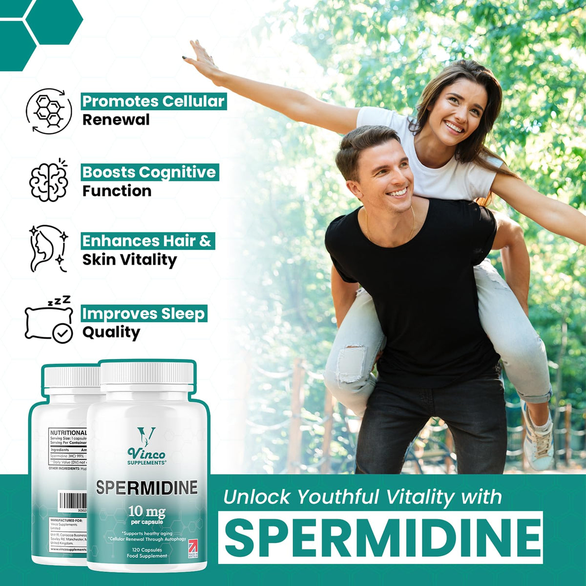 Vinco Supplements Vinco Spermidine Supplement - 10mg x 120 High Strength Spermidine Capsules - 99% Purity - Supports Healthy Ageing & Longevity - Non GMO & Gluten Free - Made in The UK