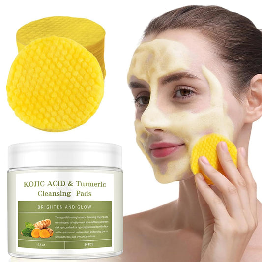 Ceboic Kojic Acid and Turmeric Pads, Turmeric Exfoliating Pads for Face, Turmeric and Kojic Acid Cleansing Pads Facial Sponges for Dark Spots, Acne Scars, Unclog Pores (50 Pads)