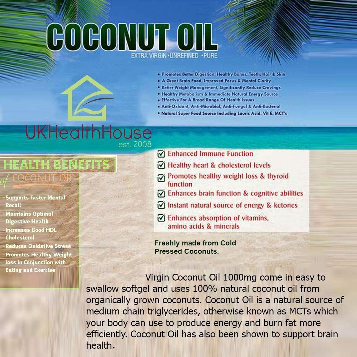 UKHealthHouse Premium Extra Virgin Coconut Oil softgel 1000mg x 500 Capsules Skin & Hair Rich MCT Oil - Cold Pressed Oil Potency - Trans-Fat Free