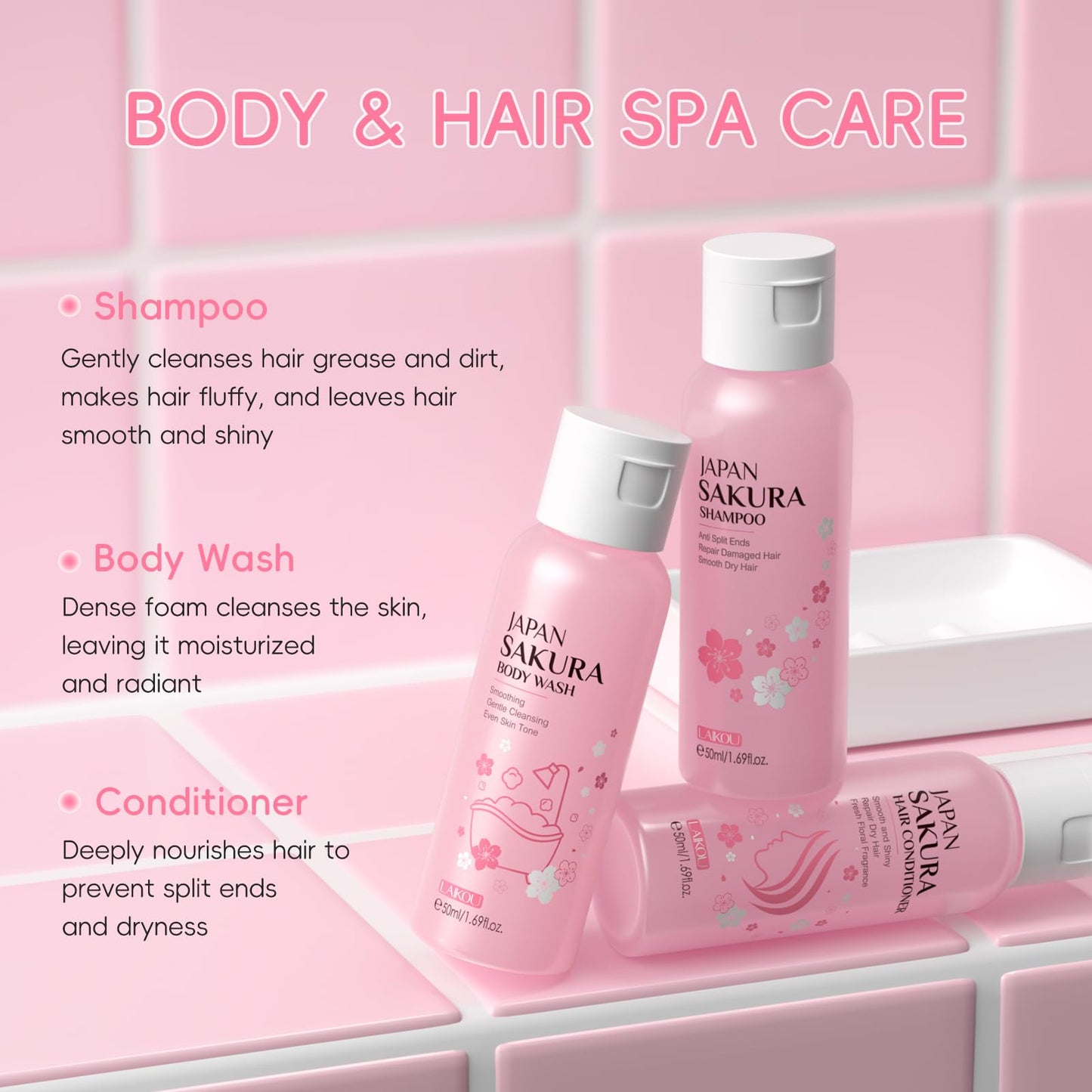 LAIKOU Sakura Spa Gift Set, Bath & Hair Care Travel Kit, Shampoo, Conditioner & Body Wash, Hydrating, Nourishing & Gentle for All Skin & Hair Types, Christmas Birthday Gifts for Women Teenage Girl