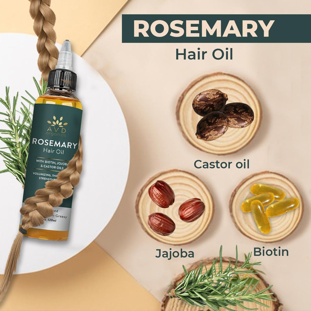 AVD ORGANICS AVD Organics Rosemary Oil for Hair – Infused with Biotin, Jojoba & Castor Oil – Strengthening, Nourishing & Volumising Hair Oil – Non-GMO – 120ml