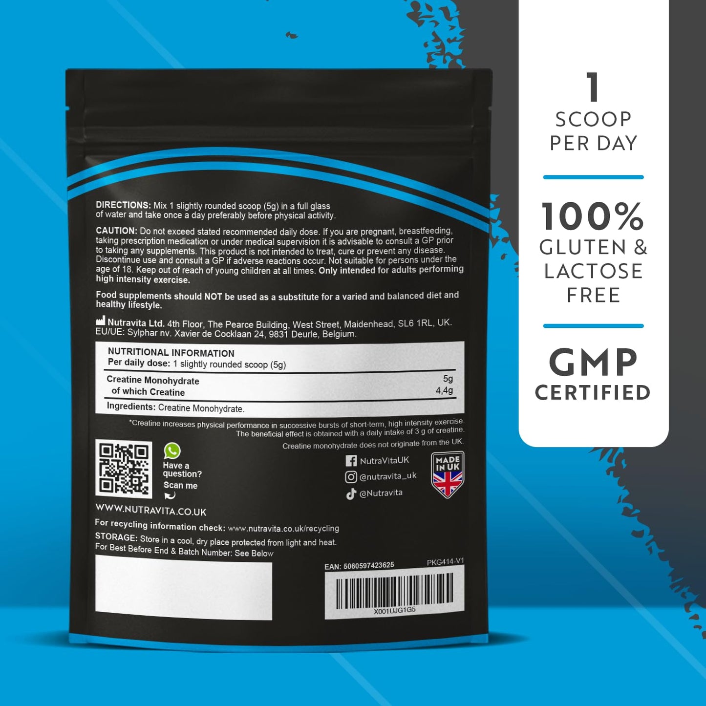 Creatine Monohydrate Powder 5000mg - Micronised for Easy Mixing - For Recovery and Performance - Men and Women Exercise Supplement - 50 Servings - Unflavoured 250g Powder - Made in The UK by Nutravita