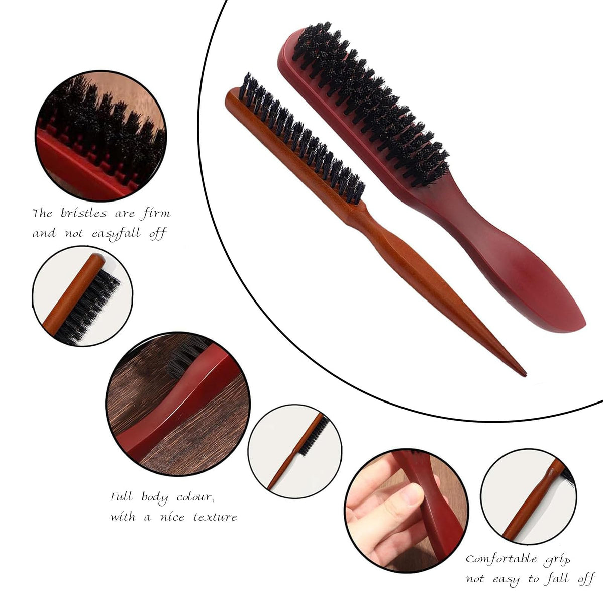 couduan 5 Pcs Slick Back Brush Set - Smoothing & Teasing Brush for Men's Hair & Beard - Rat Tail Comb with Double Sided Edge