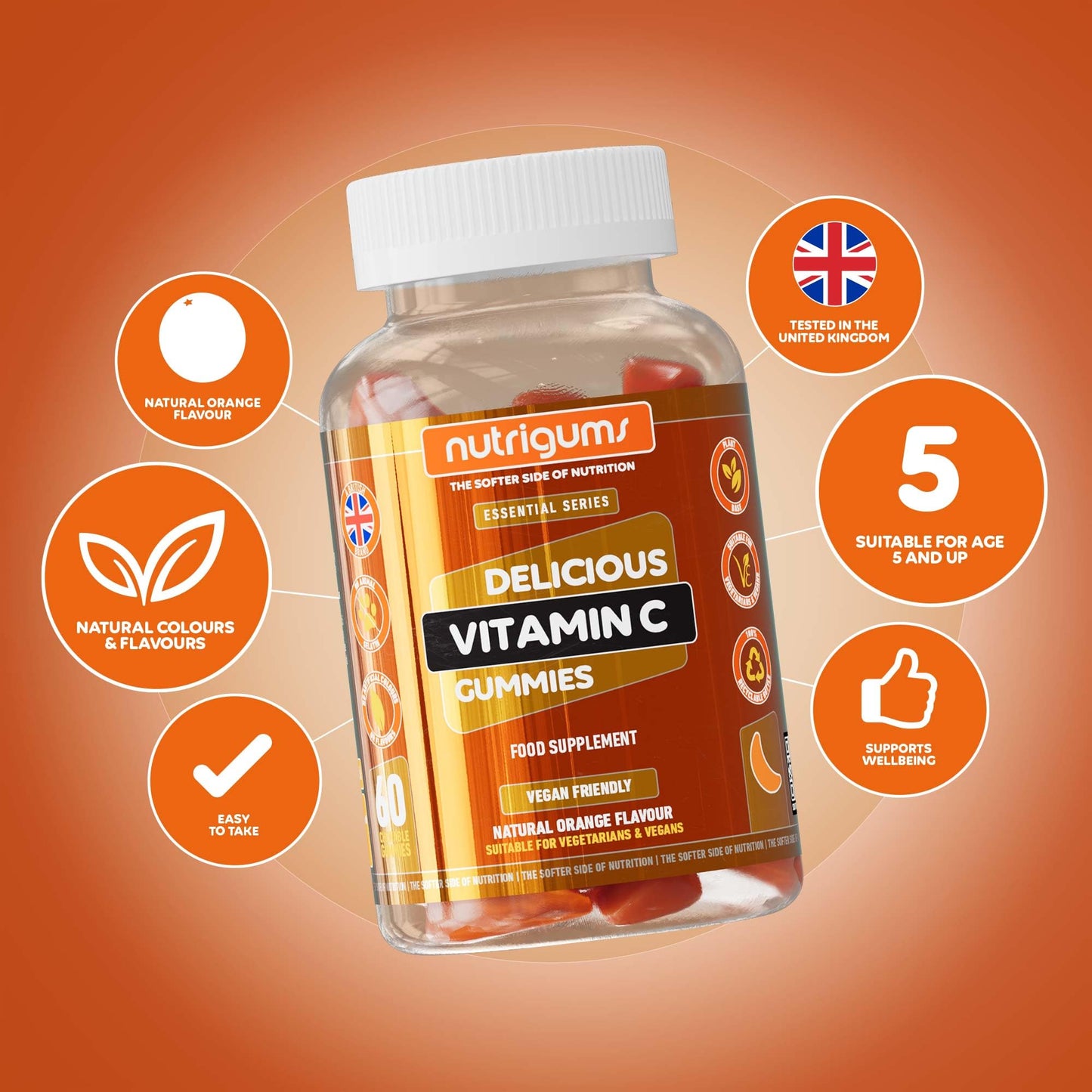 Nutrigums Vitamin C 80mg Gummy | Orange Flavour | 60 Vegan Gummies | Immune, Energy & Collagen Formation Support by NUTRIGUMS®