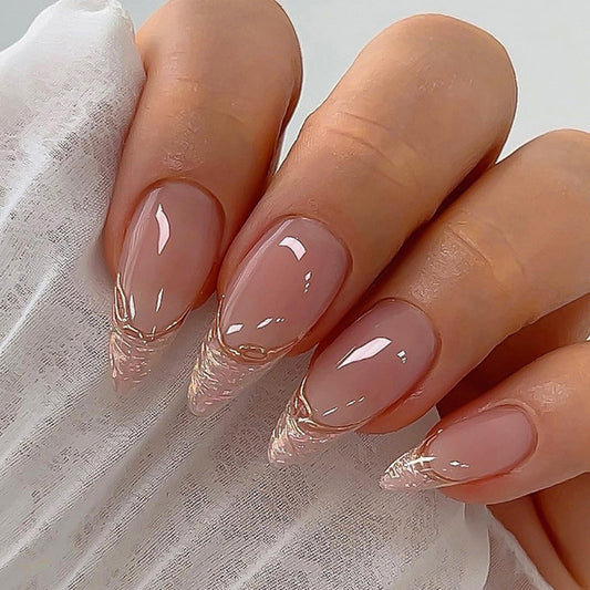Ceboic 24Pcs Almond Press on Nails Medium, French Tip Nude Pink Fake Nails Glossy Glitter False Nails with Designs, Stiletto Gold Shiny Acrylic Full Cover Glue on Nails for Women and Girls