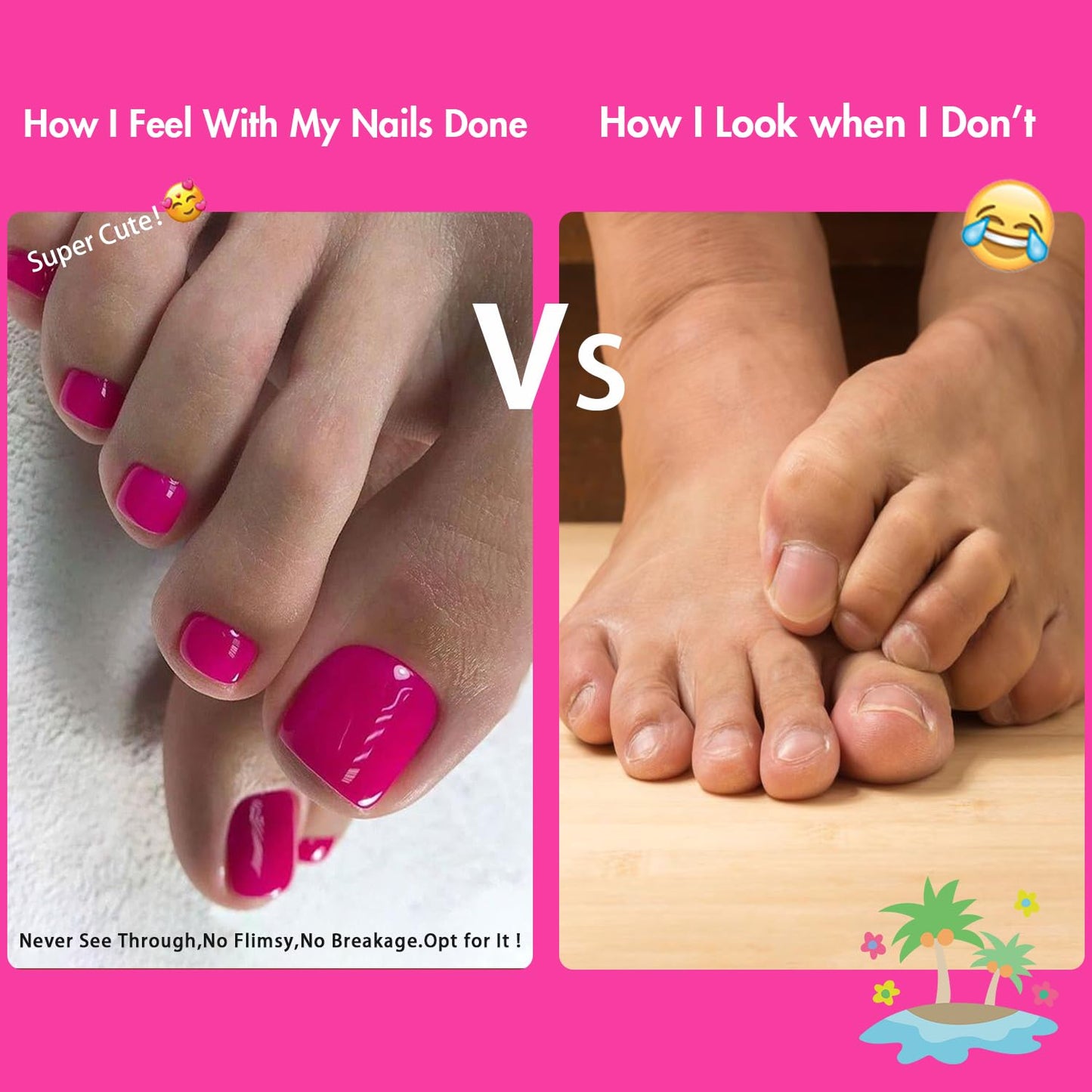 SXVME Hot Pink French Tip Press on Toes Nails Short Square, White Fake Toe Nails Glue on, Acrylic Toe Press on Nails for Women, Full Cover Glossy Gel ToeNails in 24 Pcs