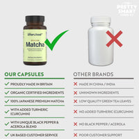 The Pretty Smart Food Co Green Tea Extract Capsules - Organic Matcha Green Tea Tablets - Boosted with Turmeric, Acerola Cherry & Black Pepper - 1360MG Complex - Green Tea Supplement - 60 Capsules - UK Made