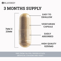 RejuvoBody Premium Grade KSM-66 Ashwagandha 6250mg | 90 Vegetarian Capsules | Stress & Anxiety Relief for Adults | 3 Month Supply | Made in The UK | No Leaf Root Extract | Vegetarian Friendly