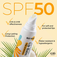 Victoria Beauty Sun Kiss SPF 50 Lip Balm - Lip Sunscreen with Coconut Oil, Sweet Almond Oil, and Hyaluronic Acid, 10ml