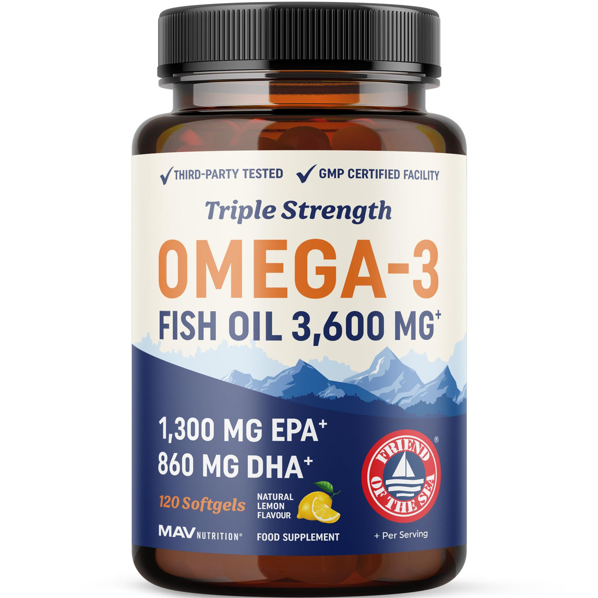 MAV NUTRITION Triple Strength Omega 3 Fish Oil 3600 mg | EPA & DHA | Over 2100mg Omega-3 Fatty Acids | 1300mg EPA + 860mg DHA | Best Essential Fatty Acids | Premium Wild Caught & Burpless Fish Oil | 120 Ct