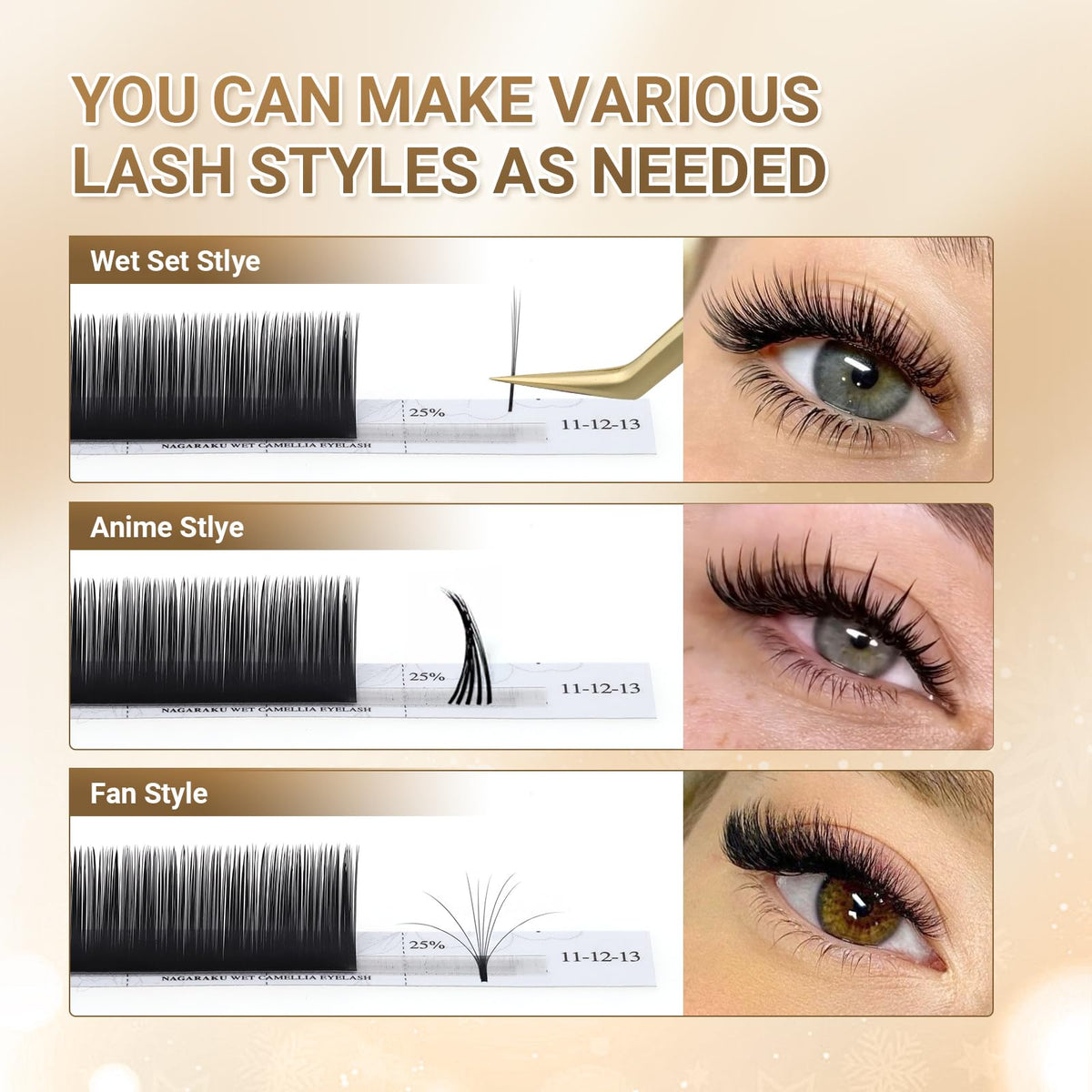 NAGARAKU Wet Camellia Lash, Roots with Light Glue Mega Volume Lash 12mm-13mm-14mm Mix Length Eyelash Extension 0.07mm LC Curl Maga/Wispy/Fox/Anime/Hybrid Volume Style