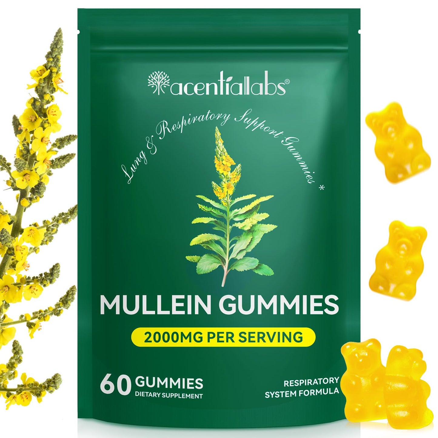 XAYGHE Mullein Gummies 2000mg for Lungs -Mullein Leaf Extract for Lungs Cleanse & Detox, Respiratory Health Gummies, Digestive Support, Immune Booster 60 Count