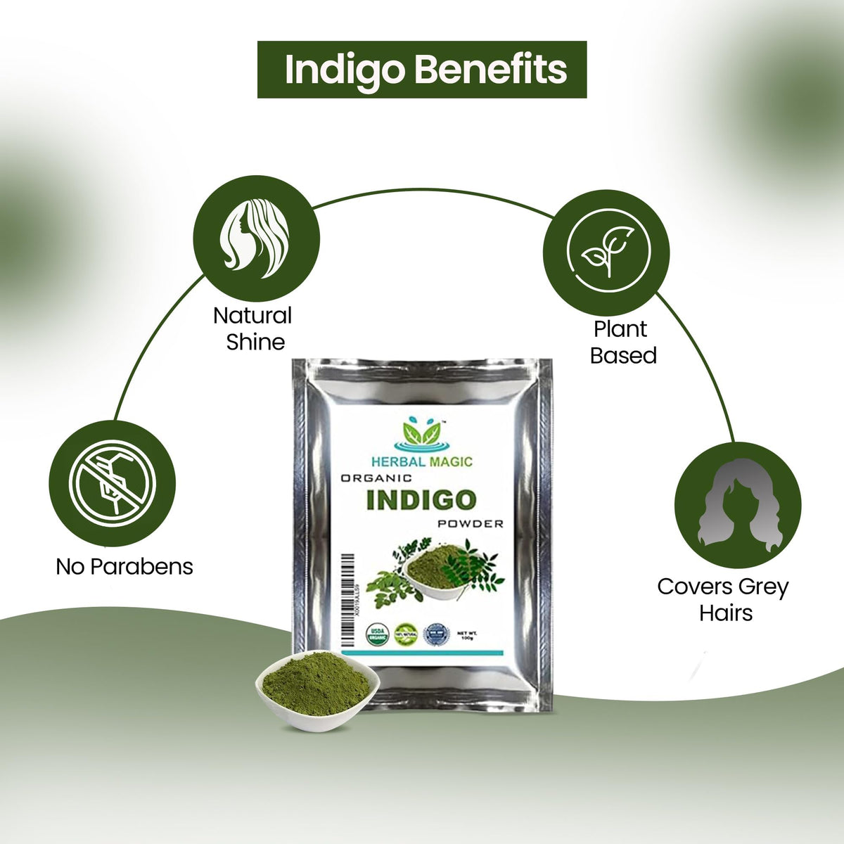 Herbal Magic's Organic USDA Indigo Powder for Hair, Herbal Hair Dye, Natural Hair Mask/Color - Free from Fillers & Preservatives -200g