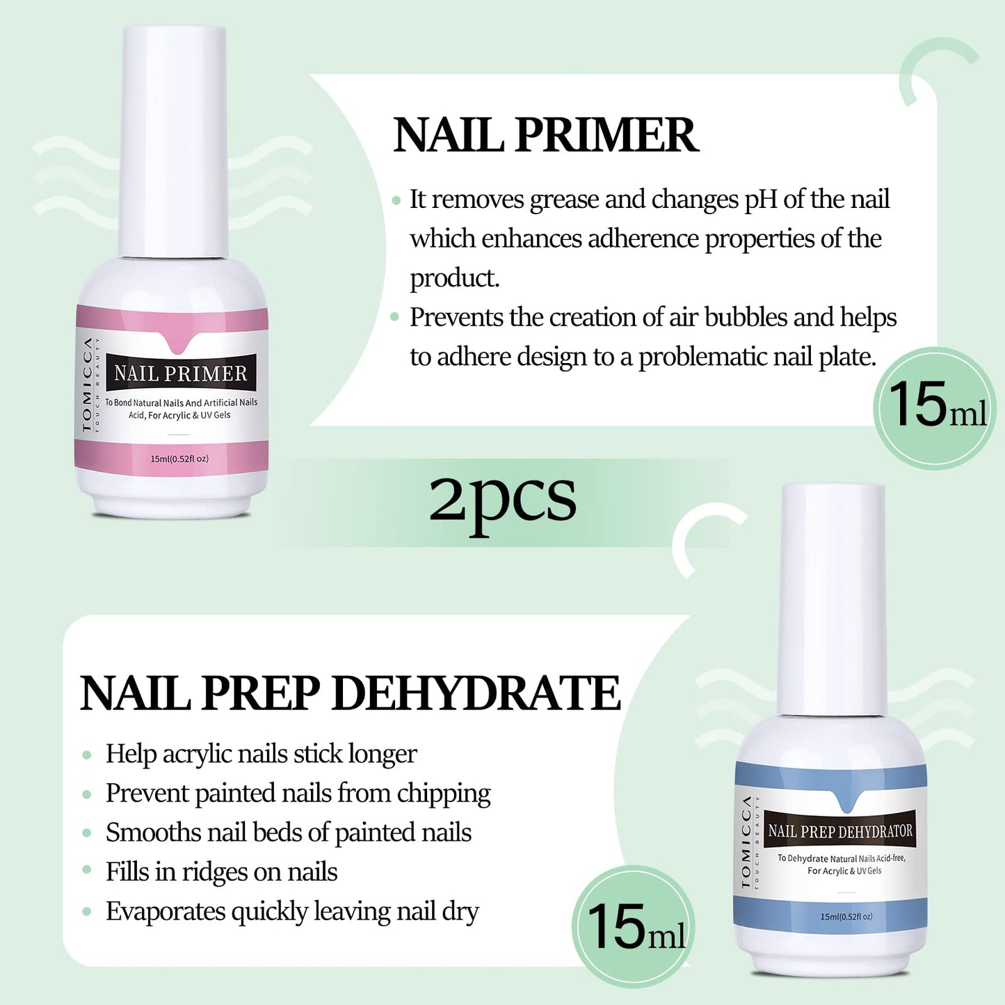 TOMICCA Nail Dehydrator and Primer Set-Professional Nail Bond Primer &Nail Prep Dehydrate,Acid Free Superior Protein Bonding,Fast Air Dry For Gel Polish and Acrylic Powder 0.5oz