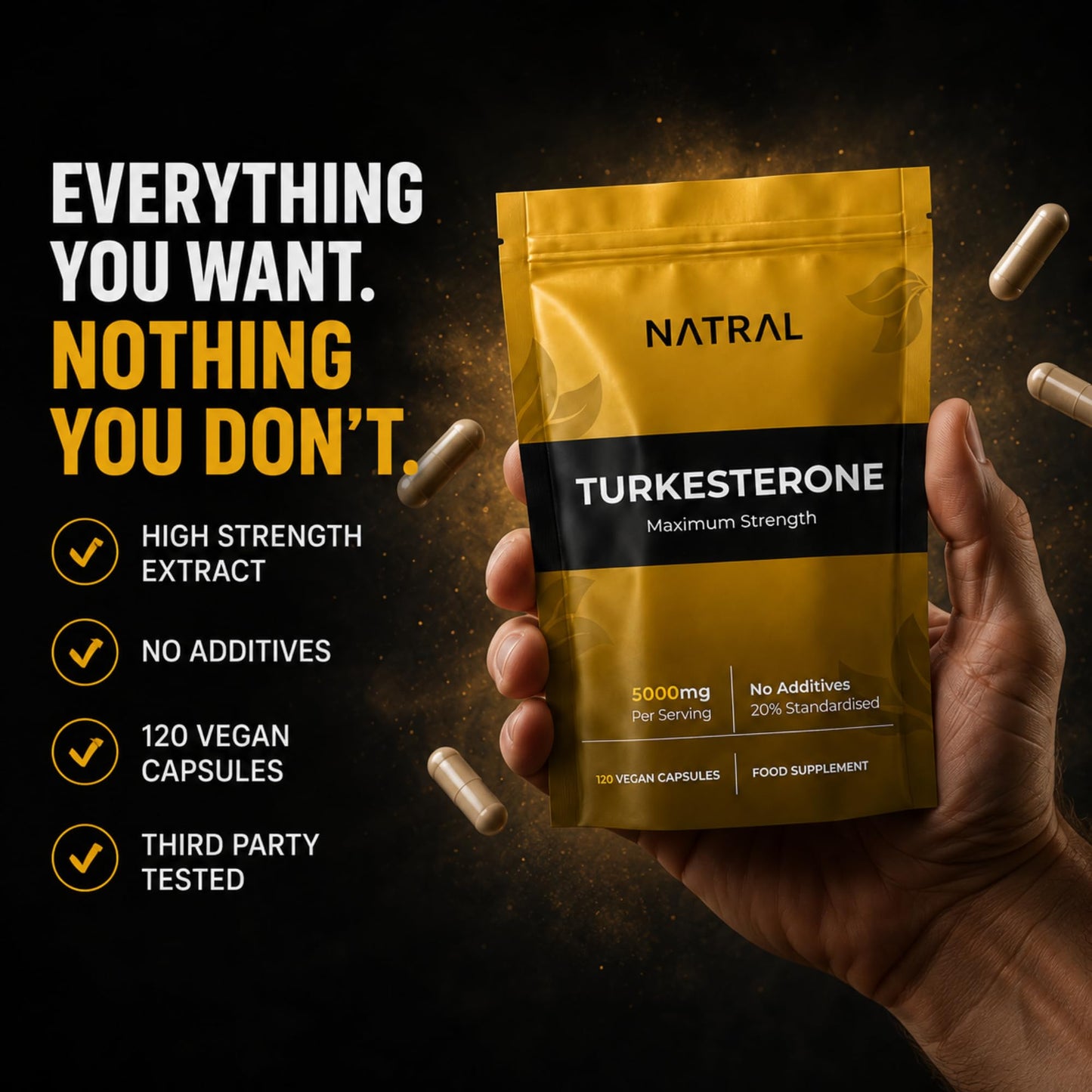 Natral Turkesterone Supplement 5000mg - 120 Caps High Strength - Standardized to 20% Ajuga Turkestanica Extract - for Muscle and Strength - Pure Extract No Additives Or Filler