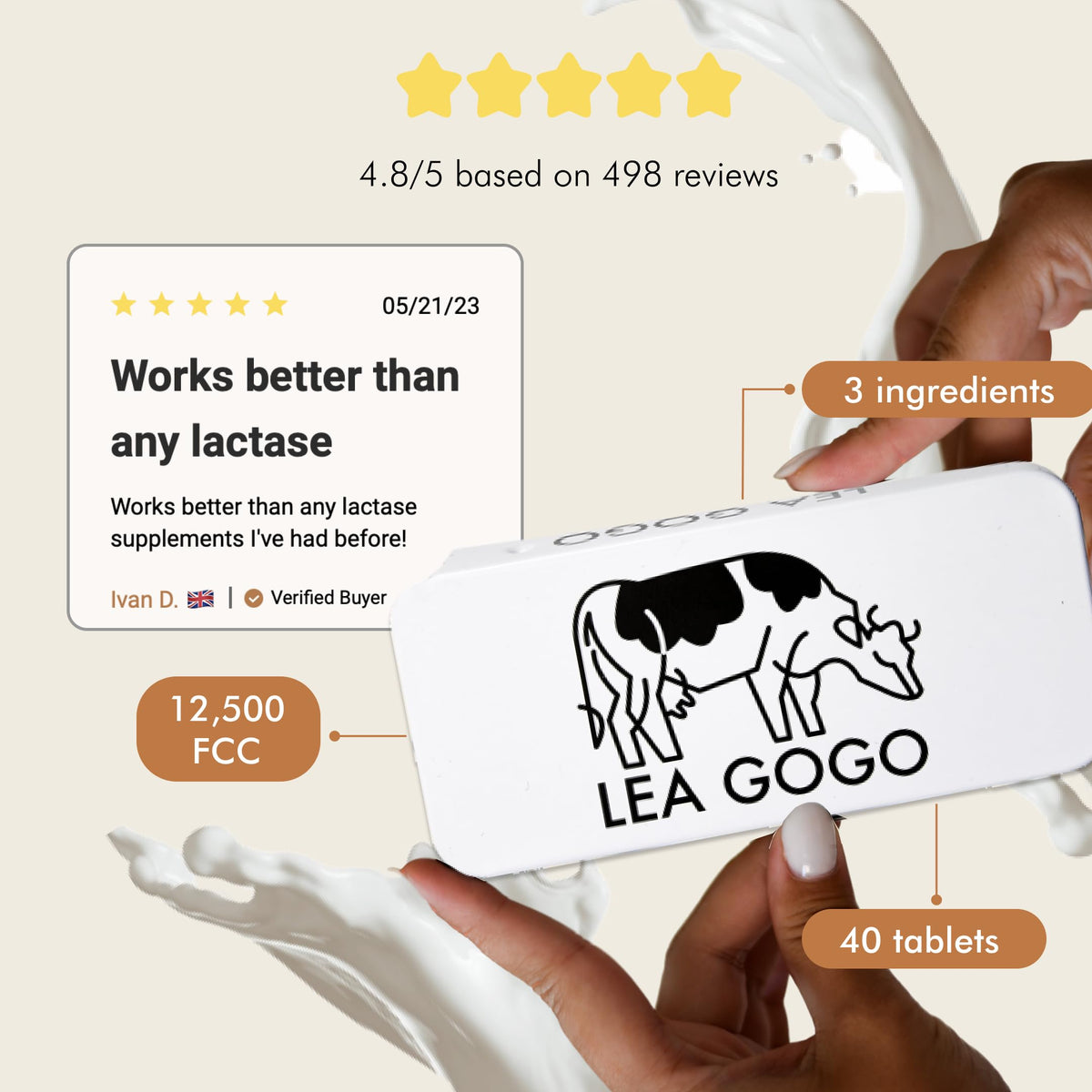 Lea Gogo Lactase Enzyme Tablets for Lactose Intolerance, 40 Tablets