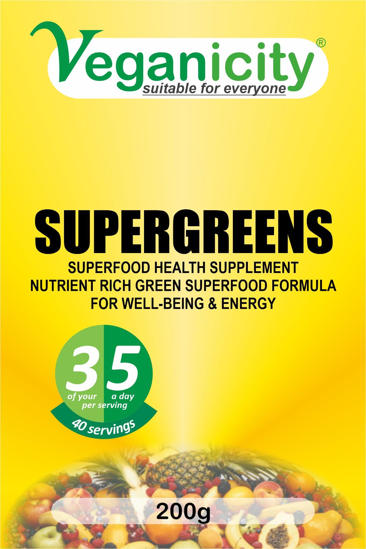 Veganicity SuperGreens Powder : Green Superfoods General Health & Well-Being Supplement : 200g, in a recycleable Pouch