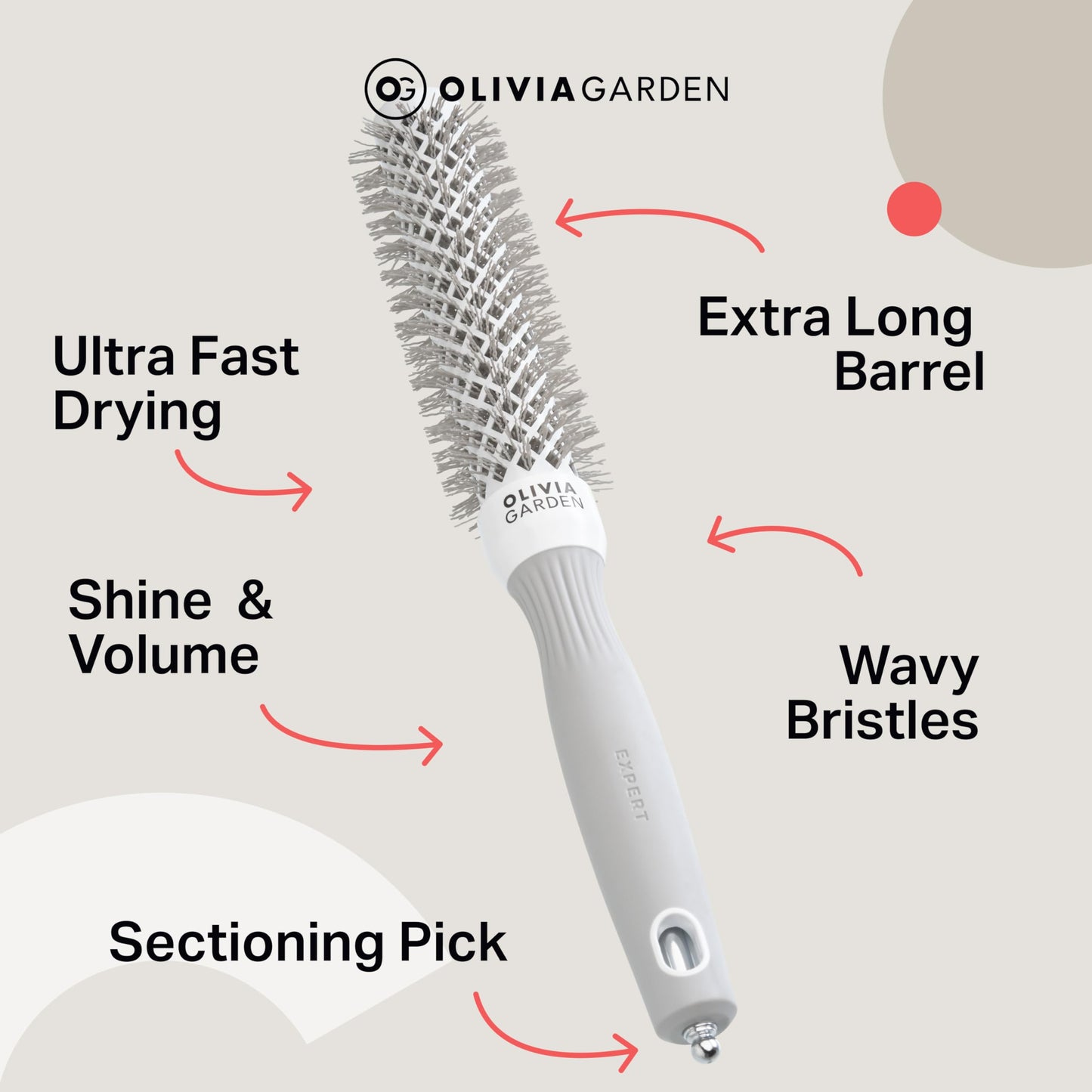 Olivia Garden Expert Blowout Speed – White & Grey - 25 - Ceramic Coated Round Brush with Extra Long Barrel for 25% Faster Blowouts