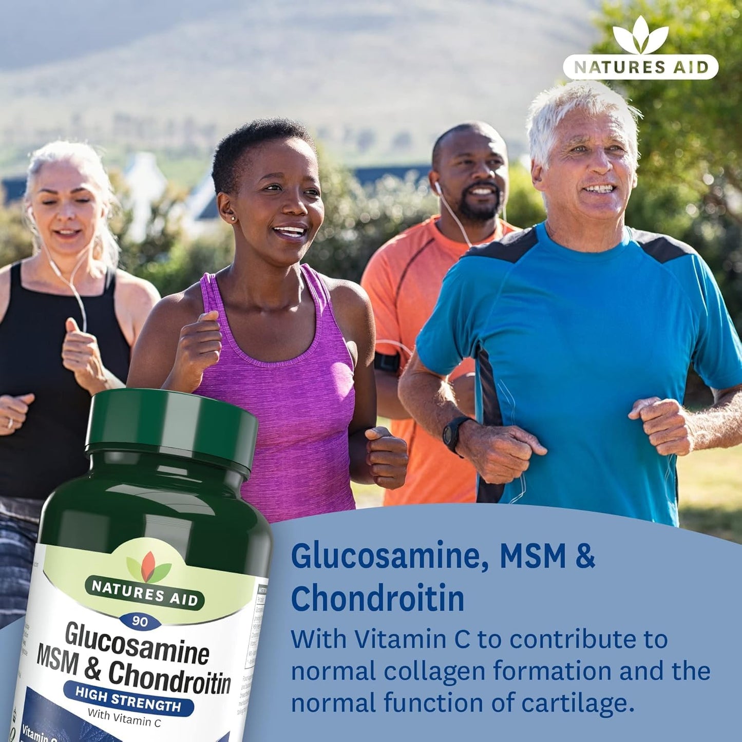 Natures Aid Glucosamine MSM & Chondroitin with Vitamin C - High Strength Joint Support - Mobility & Cartilage Health, Collagen Formation - Non-GMO, Gluten-Free Supplement - 90 Tablets