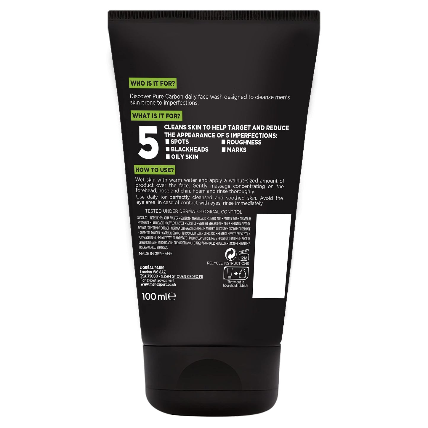 L’Oréal Paris men expert L'Oreal Paris Men Expert Face Wash Pure Charcoal, Glycerin, and Salicylic acid - Blackhead Cleanser for Men, 100 ml (Pack of 1)