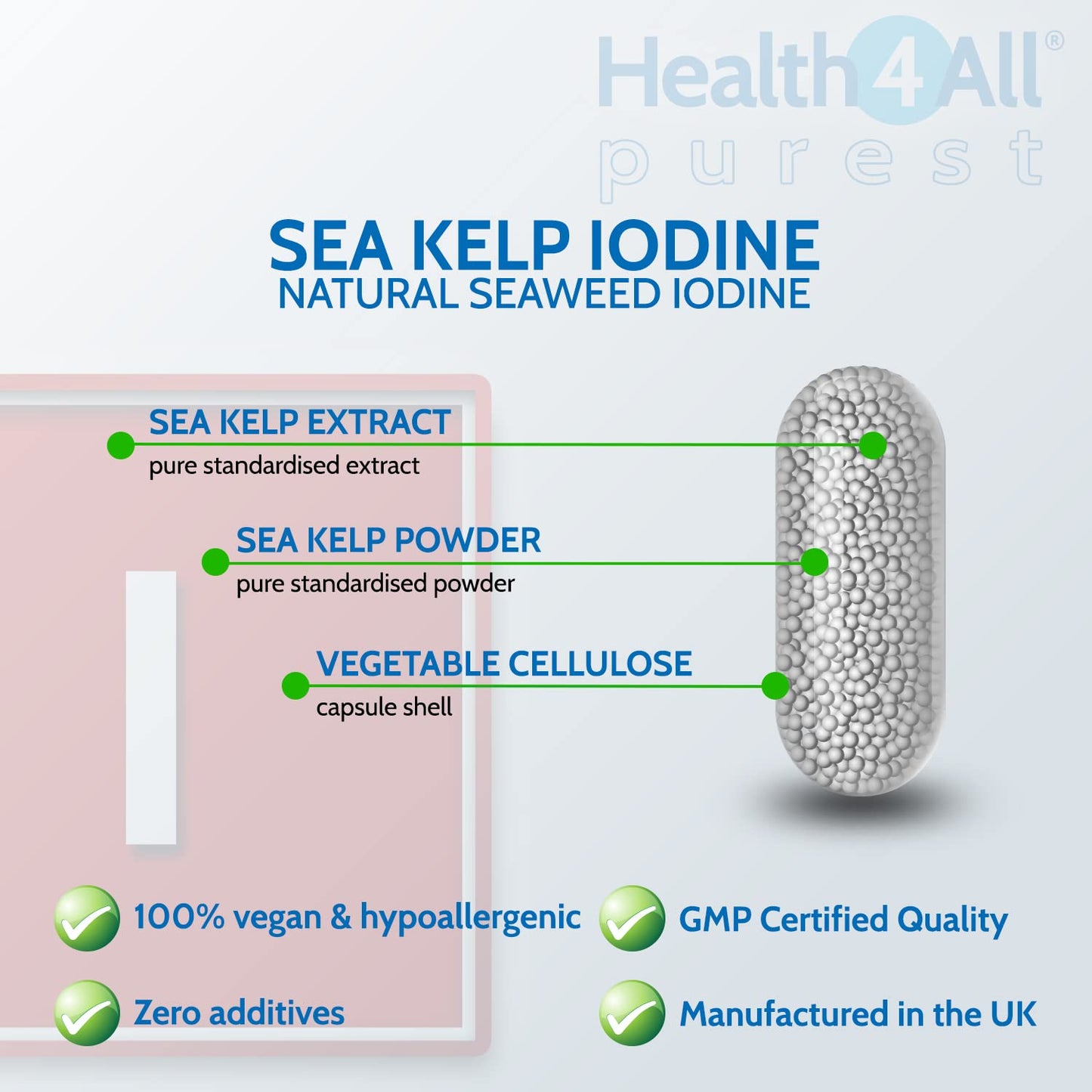 Health4All Sea Kelp Iodine 90 Capsules (V) High Strength 520mcg Iodine per Capsule. Purest: no additives Natural Iodine Supplement