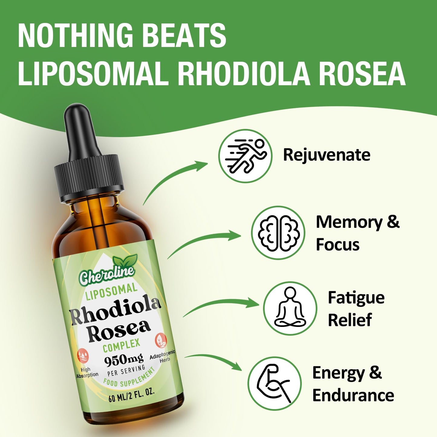 Cheroline Liposomal Rhodiola Rosea 950 mg, 9-in-1 rhodiola Rosea Drops 60 ml, Rhodiola Root Liquid Tincture, Vegan Adaptogenic Herb Supplement for Energy, Stress & Mood (Pack of 1)