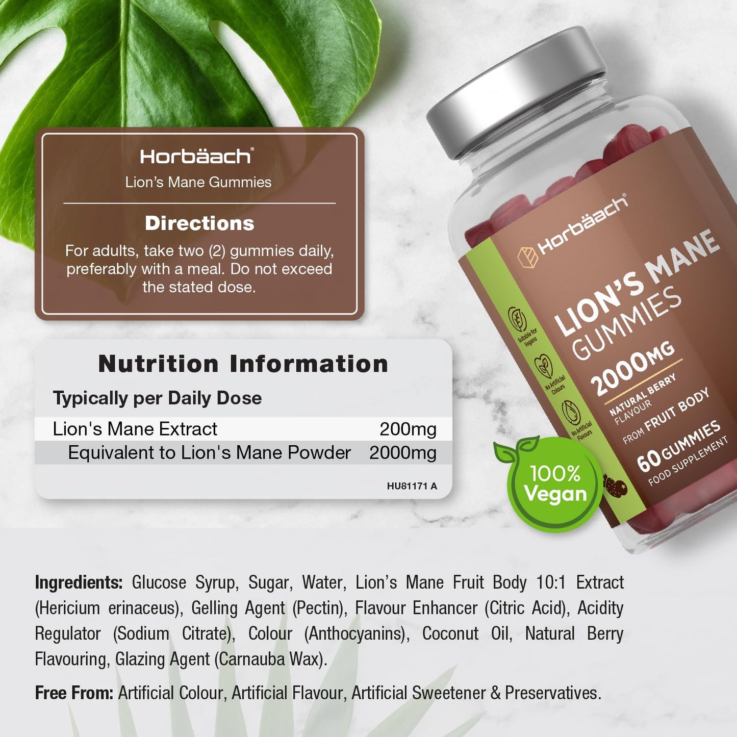 Horbäach Lions Mane Gummies 2000mg | High Strength Lions Mane Supplement | Mushroom Extract | Natural Berry Flavour | 60 Vegan Gummies | by Horbaach