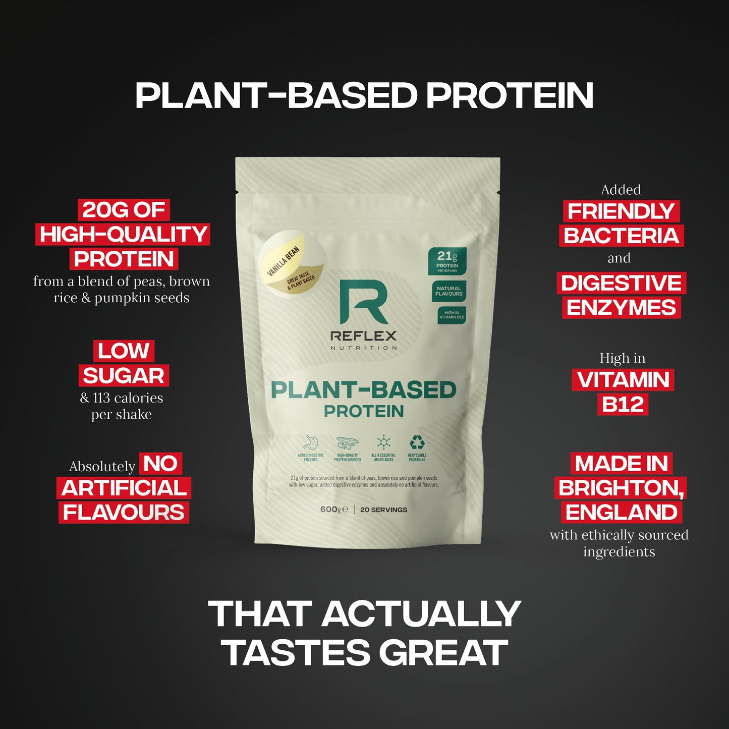 Reflex Nutrition Plant Based Protein - 21g Vegan Protein Powder (Pea Protein, Brown Rice Protein & Pumpkin Seeds) - Digestive Enzymes & Vitamin B12 - Natural Flavours (Vanilla Bean, 20 Servings)