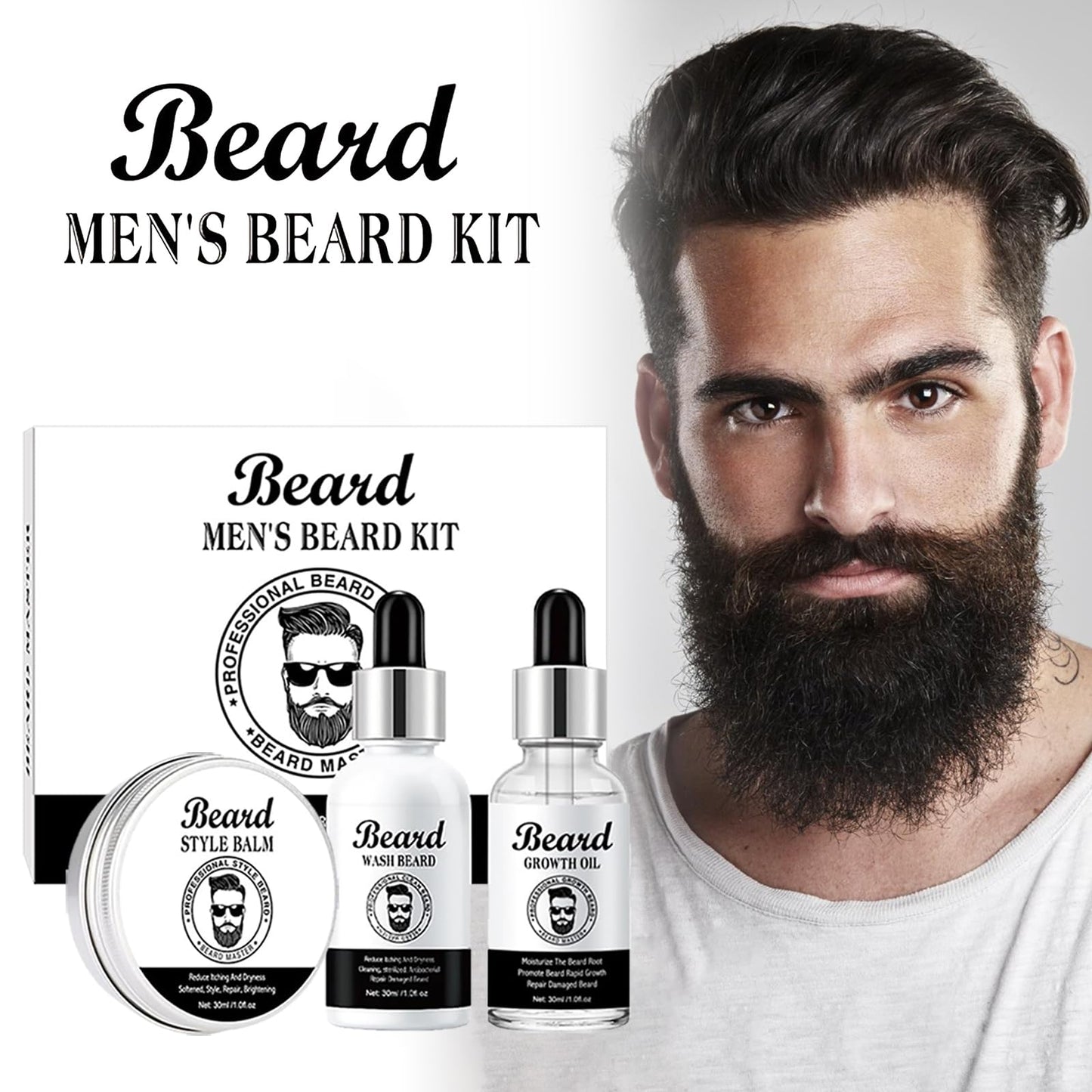 Men's Beard Grooming Kit with Shampoo, Oil, Balm - Complete Beard Care Set for Growth, Moisturizing, Styling - Valentine's Day, Father's Day, Birthday gifts - Complete beard care for men