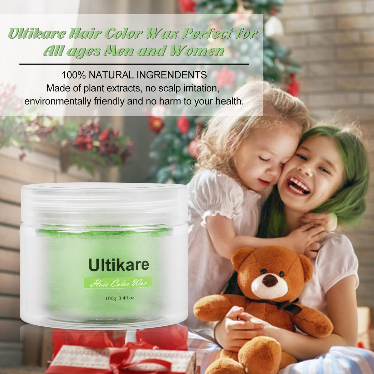 Hair Colour Wax, Ultikare Temporary Color Hair Dye, Instant Hair Dye Wax Mud Washable Natural Hairstyle Color Pomade,Styling Hair Clays for Men Women Party, Cosplay & Halloween 3.4 Fl Oz (Green)