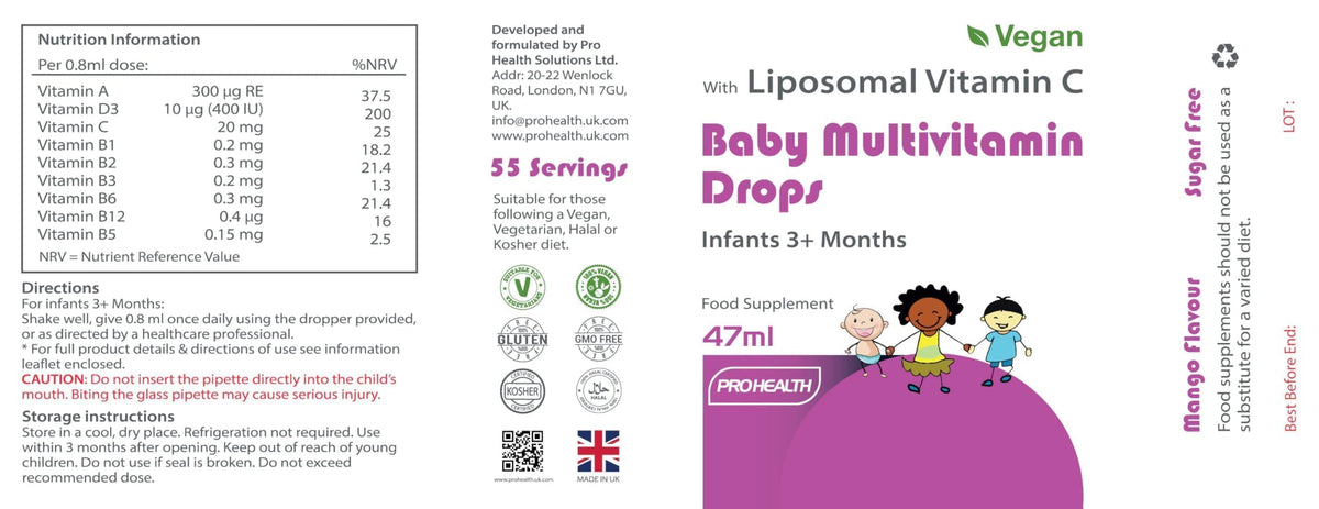 PROHEALTH ProHealth Vegan Multivitamin Drops for Infants & Kids (Age 3 Months+) | 9 Essential Vitamins with Liposomal Vitamin C, Mango Flavour | Sugar-Free, Non-GMO, Gluten-Free, Made in UK (55 Days Supply)