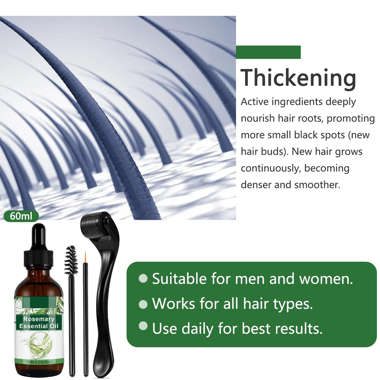 AmiCera Rosemary Oil for Hair Growth, Organic Pure Rosemary Essential Oil, with Derma Roller for Hair, Hair Strengthening for Men Women, Scalp Massage & Nourish, Eyebrow Eyelash Growth Oils, 60ml, 2 Brushes