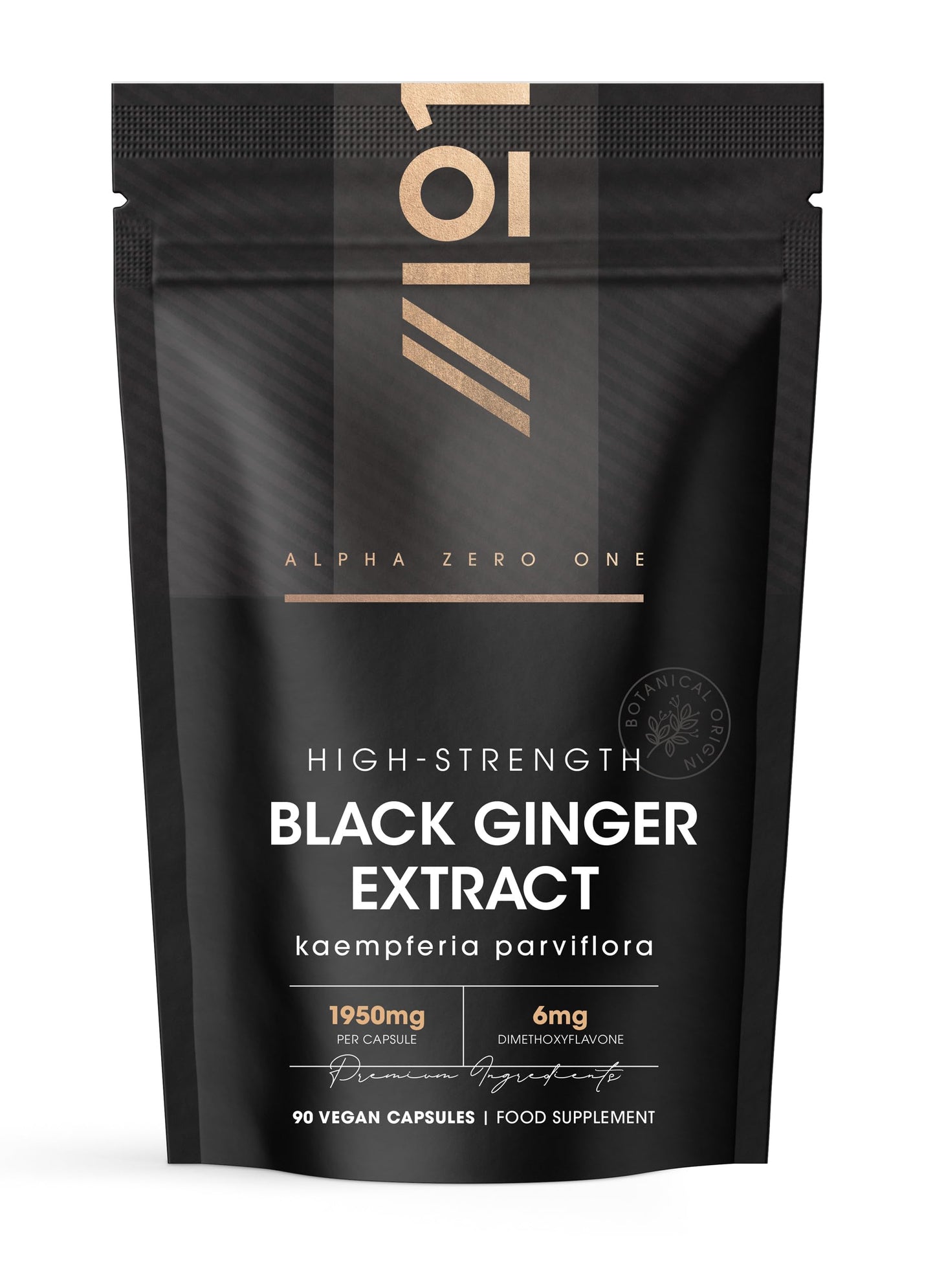 ALPHA01 Black Ginger Extract 1950mg – High Strength 4% Dimethoxyflavone (6mg) - 90 Vegan Capsules (3 Month Supply) - Resealable and Recyclable Pouch – By Alpha01