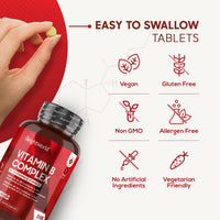 Vitamin B Complex High Strength - 365 Vegan Tablets (1 Year Supply) - Blend of 8 B Vitamins & Vitamin C - One A Day - No Fillers - Folic Acid, Biotin, B1, B2, B3, B5, B6, Vitamin B12 Supplement