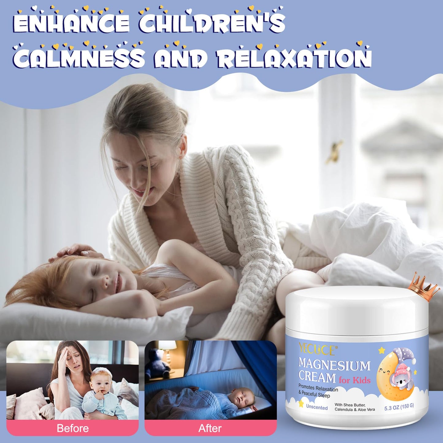 RoongDuuDll Magnesium Cream for Kids, Topical Magnesium Lotion for Sleep, Calm Magnesium Oil Butter Balm with Shea Butter, Aloe Vera, Calendula, Baby Cream for Feet, Stomach, Arms, Legs Relief for Bedtime - 150g