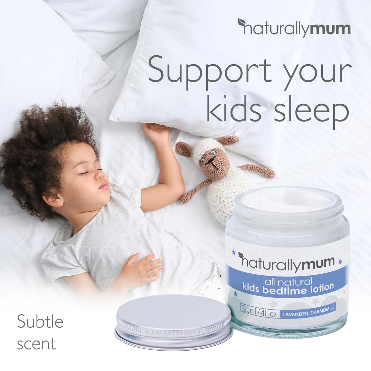 NaturallyMum Kids Magnesium Bedtime Lotion for Better Sleep | All-Natural Sleeping Aid for Children | Alternative to Melatonin | Lavender & Chamomile Essential Oil | 120ml